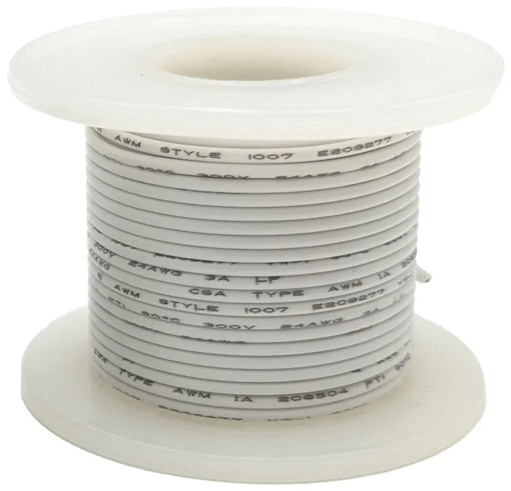 25 Feet White 24 Gauge Solid Hook-Up Wire, Tinned Copper, PVC Insulation (Shade May Vary)