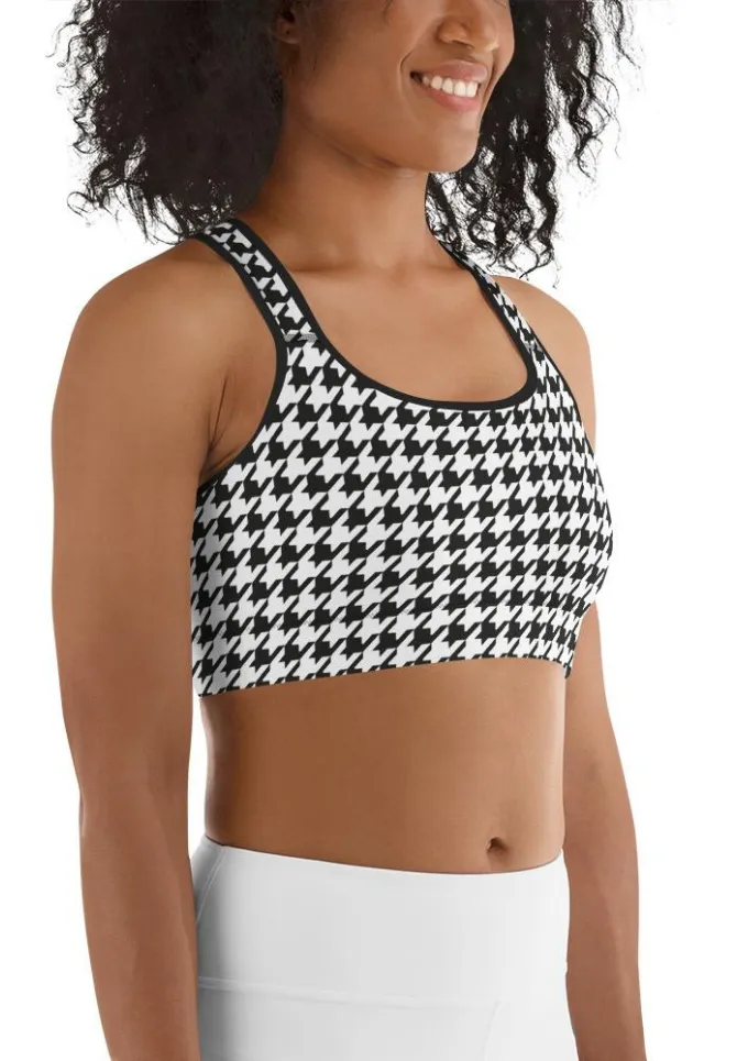 Black & White Houndstooth Print Sports Bra