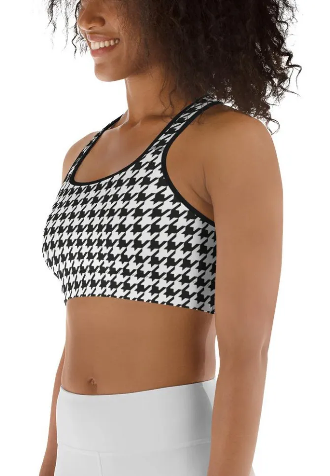 Black & White Houndstooth Print Sports Bra