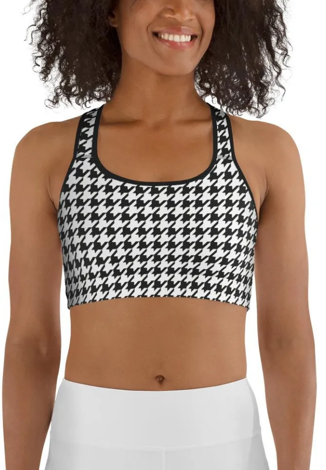 Black & White Houndstooth Print Sports Bra