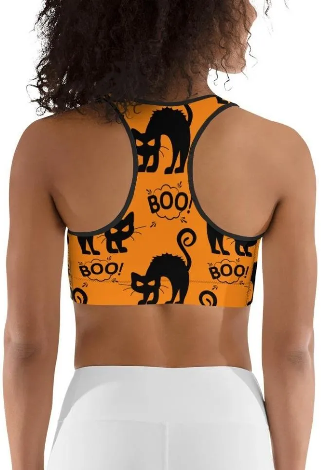 Black Kitty Halloween Sports Bra