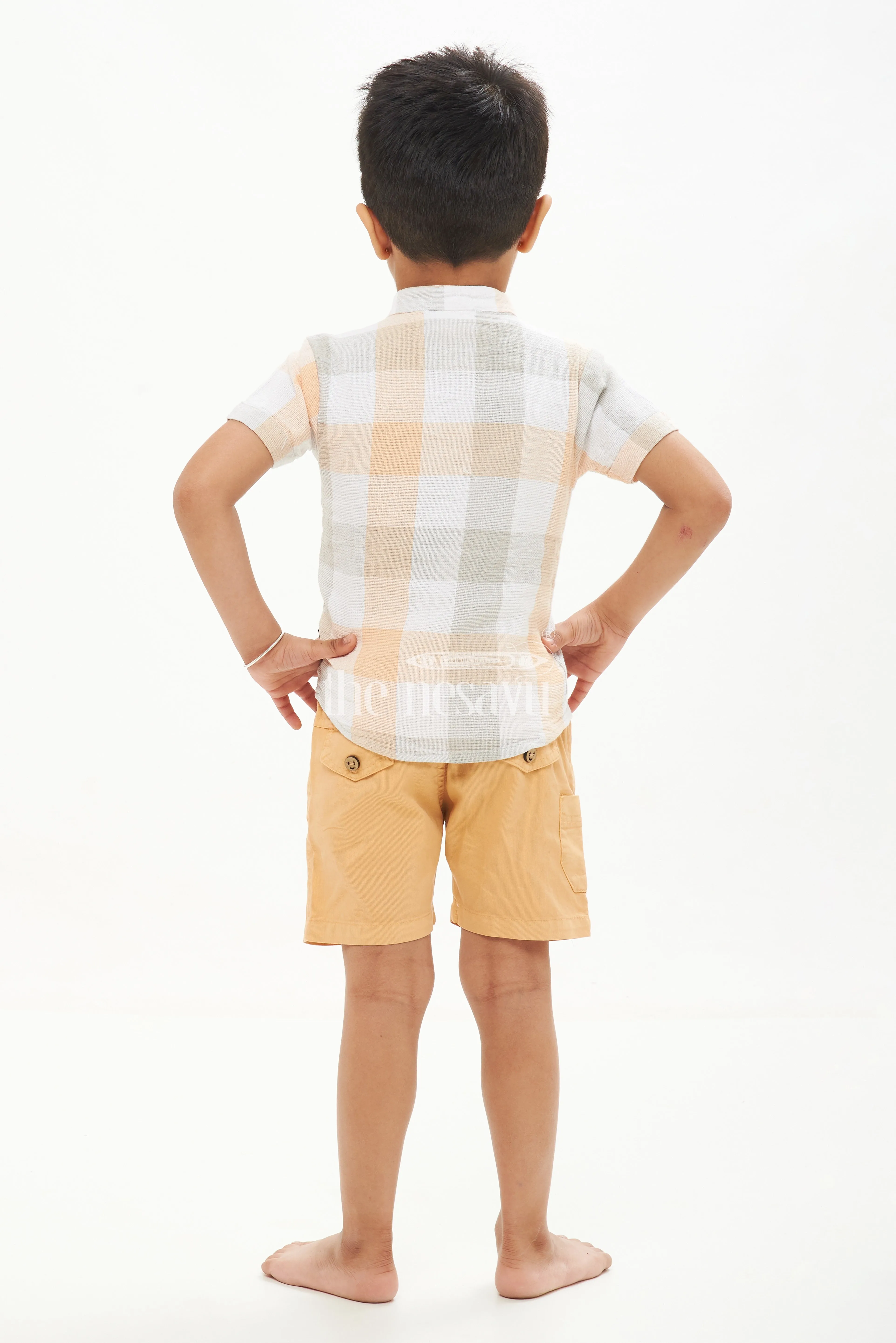 Boys' Plaid Checkered Shirt & Shorts Set - Blue/Biscuit