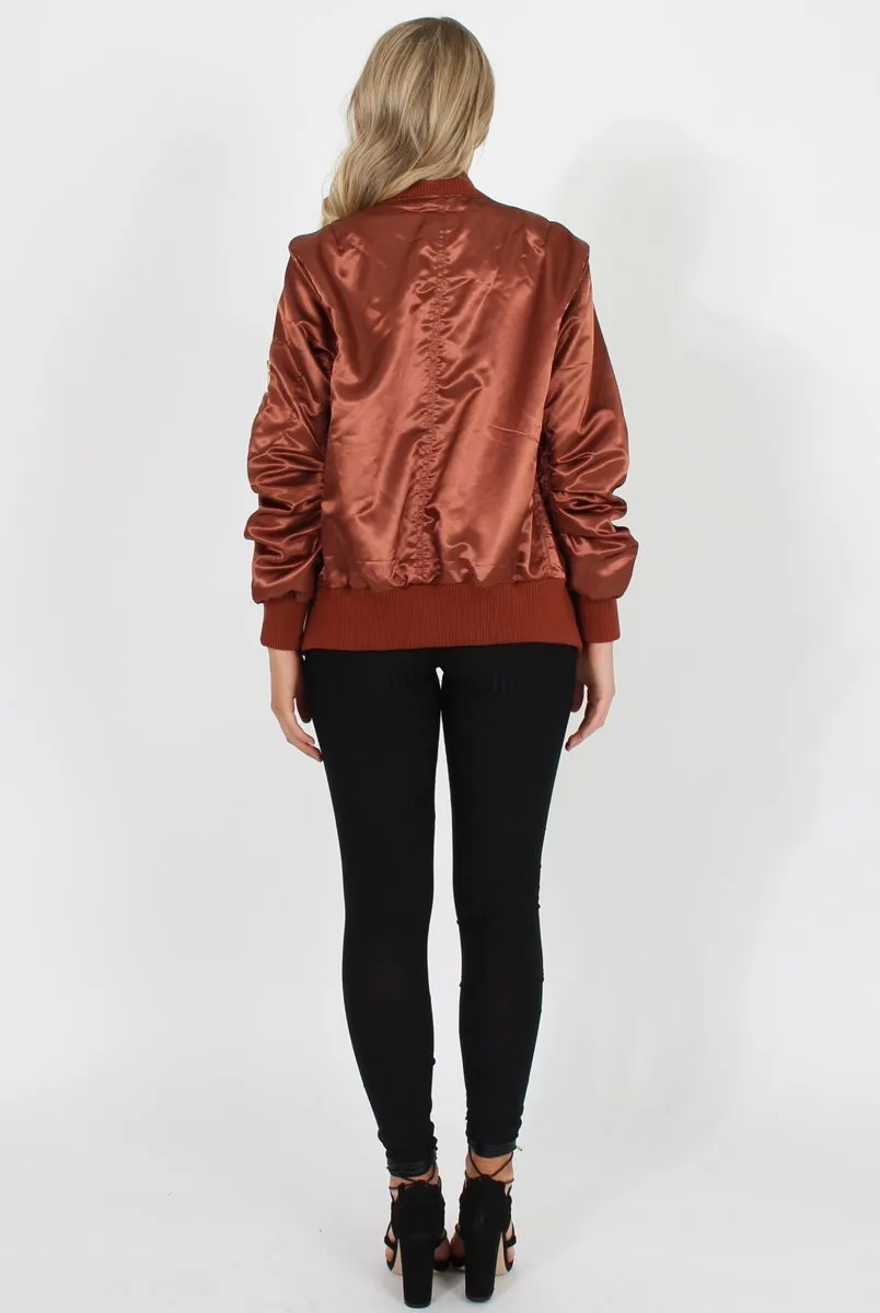 Bronze Satin Bomber Jacket - Neve