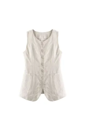 'Brooklyn' Linen-Cotton Striped Long Vest