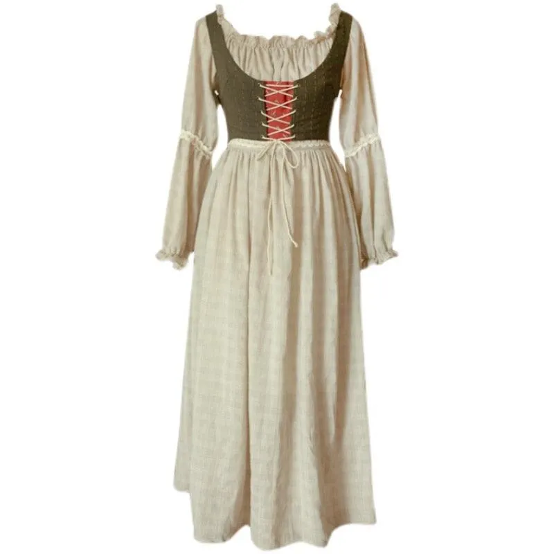 Elise Vintage Pastoral Style 100%Cotton Dress, Elegant Slim Bandage Vest Two Piece Set Maxi Dress