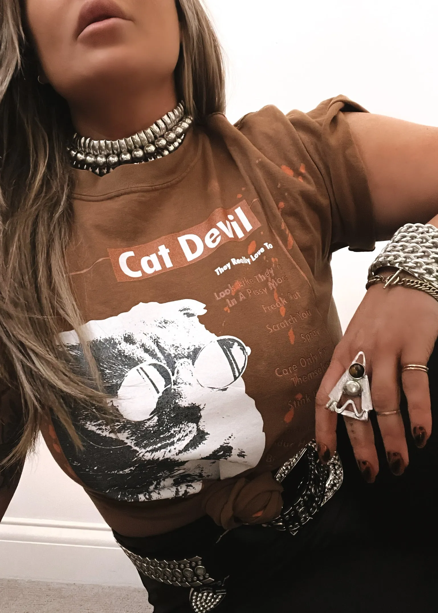 FINAL SALE: CAT DEVIL BLEACHED OUT SIDE SLIT TEE