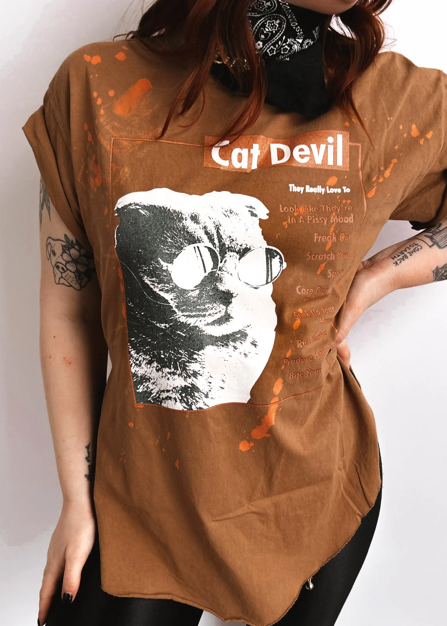 FINAL SALE: CAT DEVIL BLEACHED OUT SIDE SLIT TEE