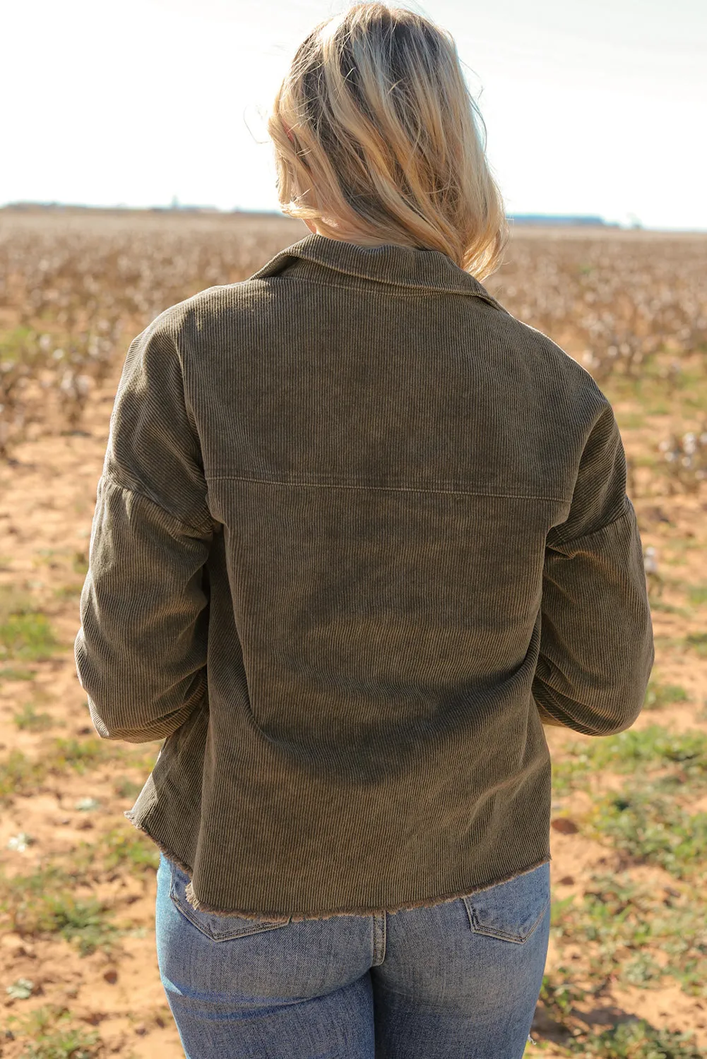 Gray Contrast Snakeskin Trim Pocketed Corduroy Jacket