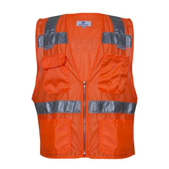 Hi-Vis Mesh Road Safety Vest - Silver Segmented Reflective Trim, 4 Various Size Pockets, Type R Class 2