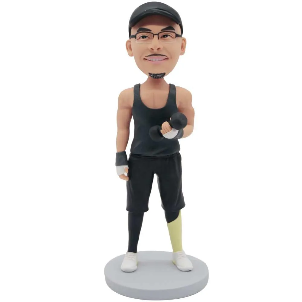 Male Fitness Coach In Black Vest Holding Dumbbells Custom Figure Bobbleheads