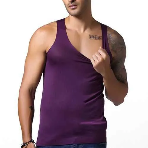 Men's Seamless Ice Silk Vest Leisure Solid Color Thin Elastic Fitness Sports Tanks Tops