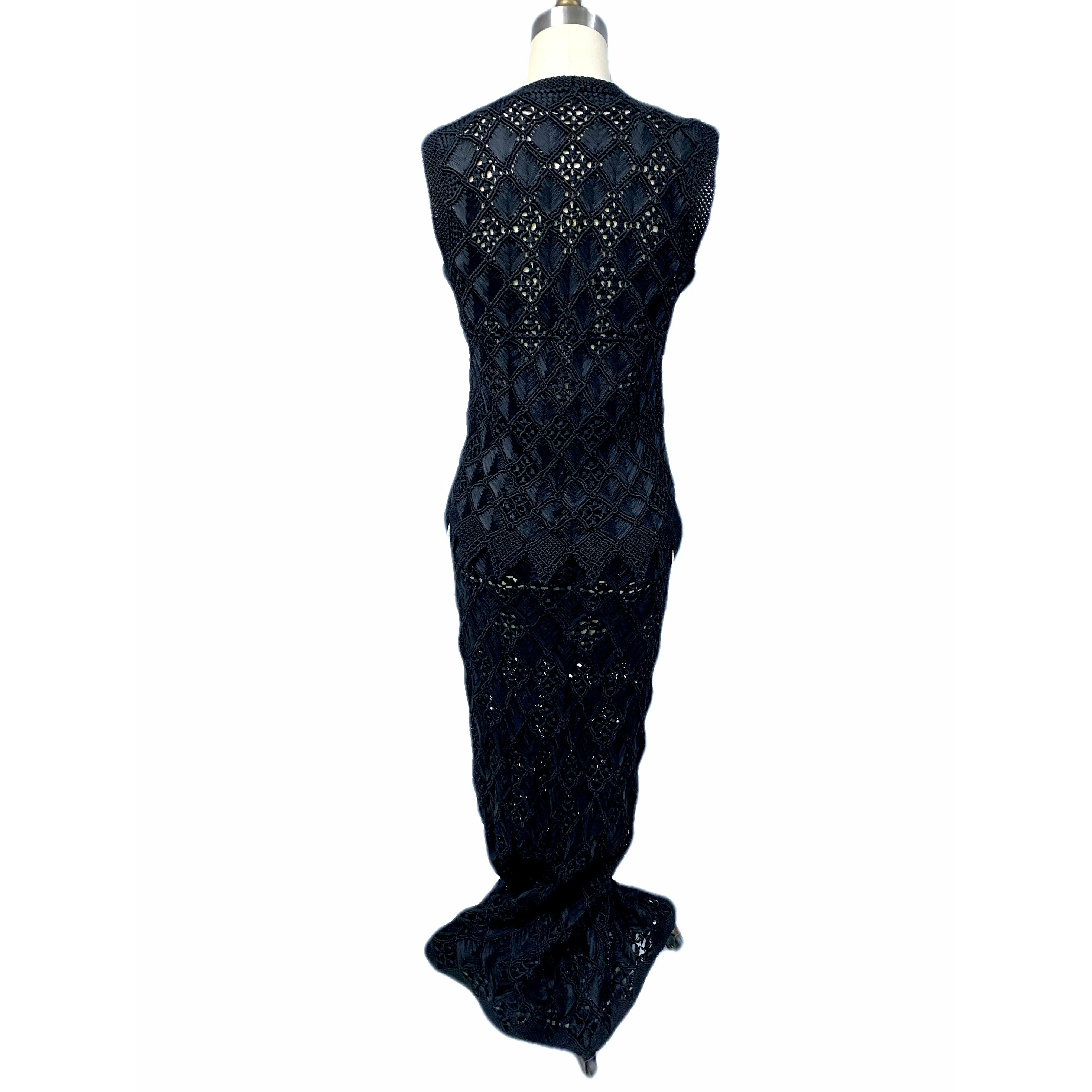 Stunning Vintage Black Hand Crocheted Ribbon Vest / Maxi Skirt Set Sz S/M 1970s