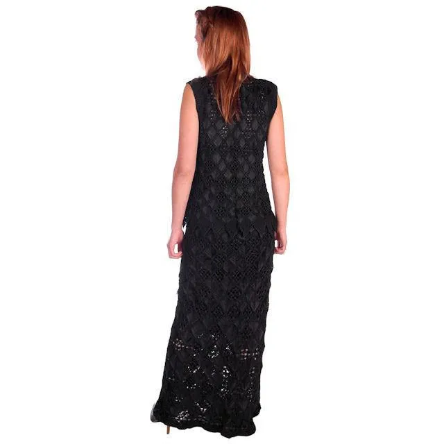 Stunning Vintage Black Hand Crocheted Ribbon Vest / Maxi Skirt Set Sz S/M 1970s