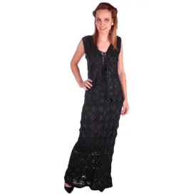 Stunning Vintage Black Hand Crocheted Ribbon Vest / Maxi Skirt Set Sz S/M 1970s