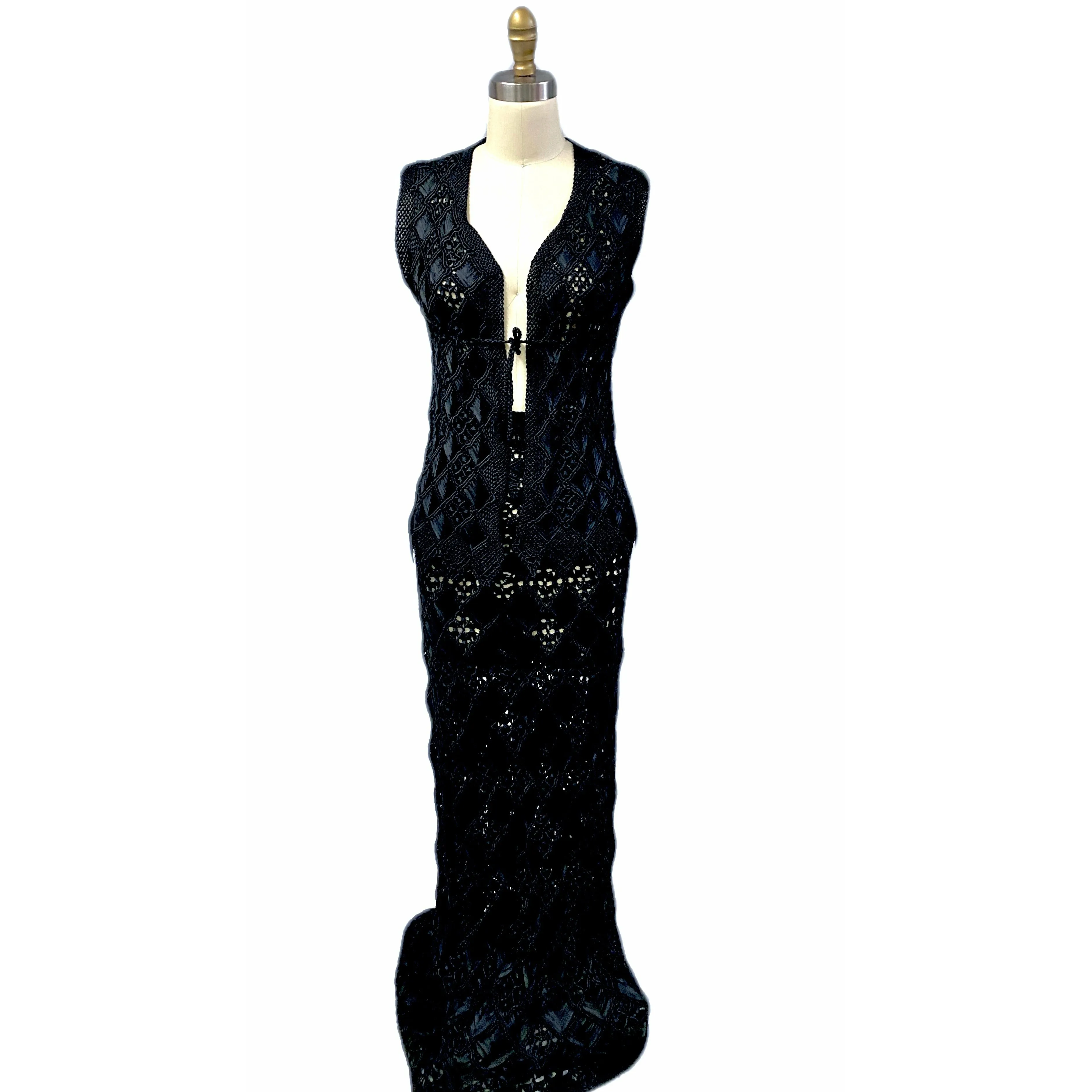 Stunning Vintage Black Hand Crocheted Ribbon Vest / Maxi Skirt Set Sz S/M 1970s