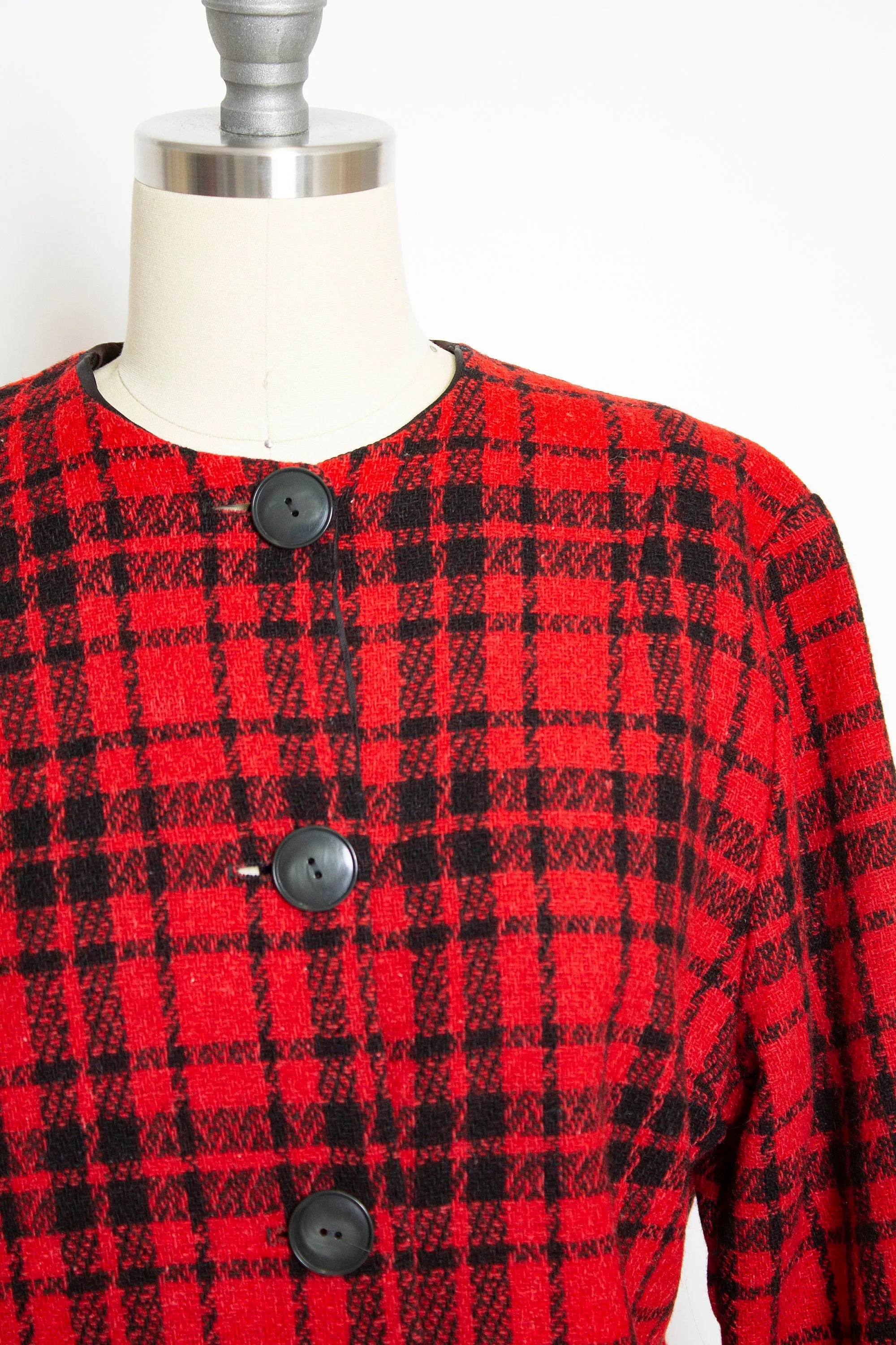 Vintage 1960s Cropped Jacket Red Plaid Wool 60s Medium M