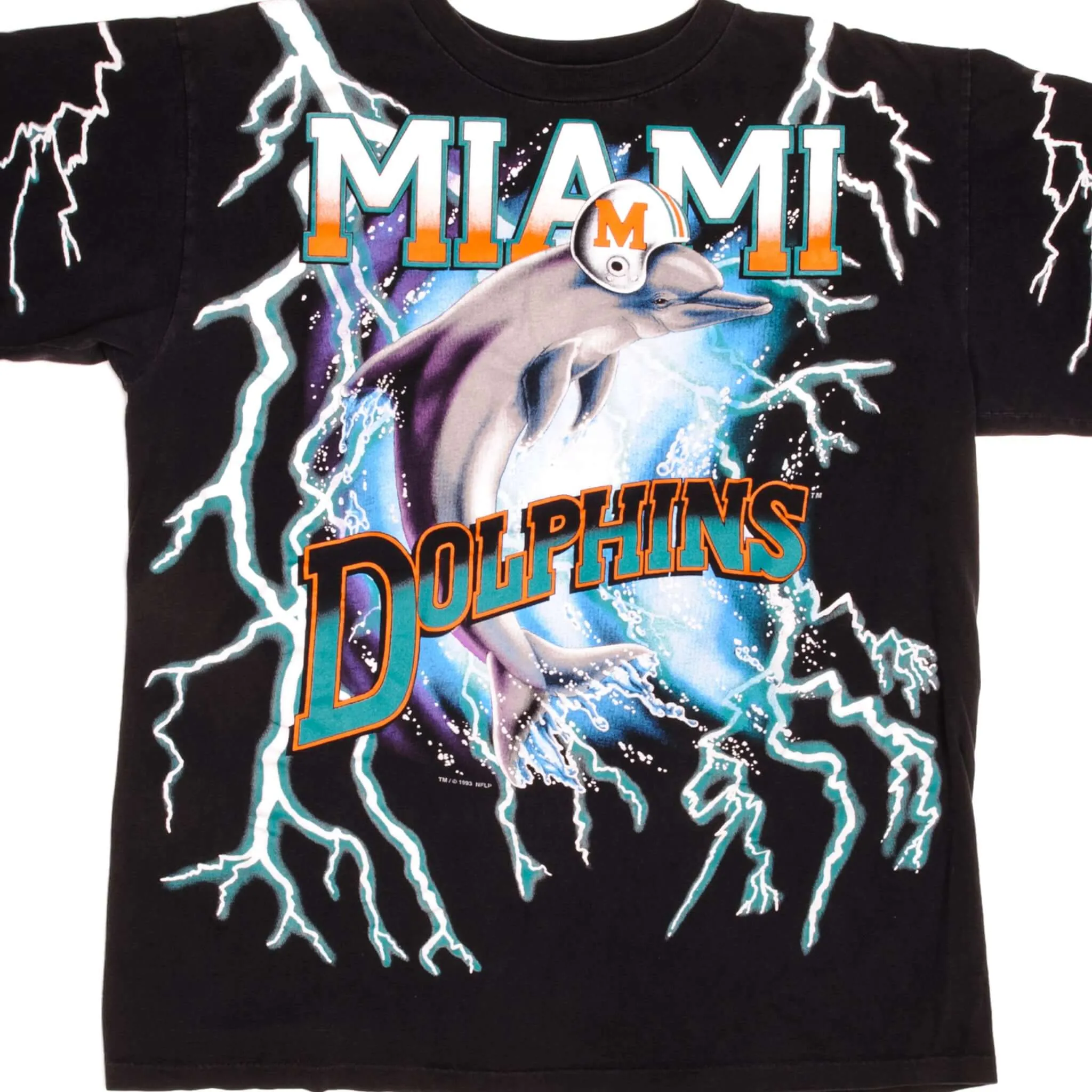 VINTAGE ALL OVER PRINT NFL MIAMI DOLPHINS THUNDER TEE SHIRT 1993 SIZE LARGE MADE IN USA.