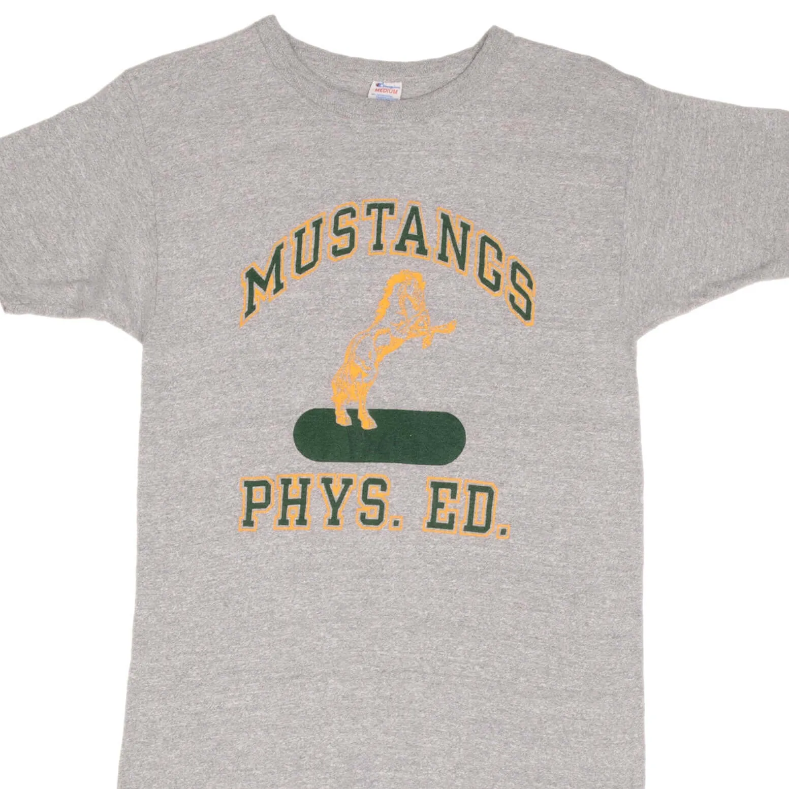 VINTAGE CHAMPION MUSTANGS PHYSICAL EDUCATION TEE SHIRT 1980S SMALL MADE IN USA